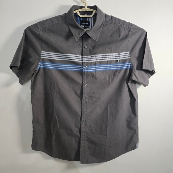 Marmot For Life Gray Striped Short Sleeve Button Up Shirt Mens Large - Picture 1 of 7
